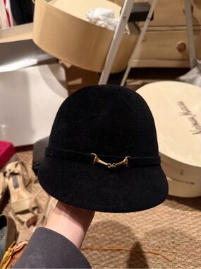 Black Felt Cloche Hat with Gold Bit Detail